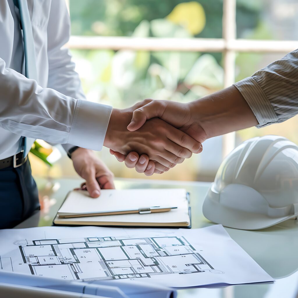 closeup two individuals shaking hands desk with architectural blueprints