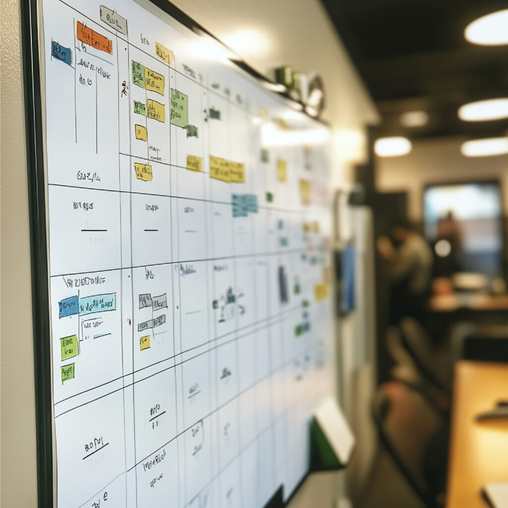 closeup whiteboard with todo list task management system including progress tracking
