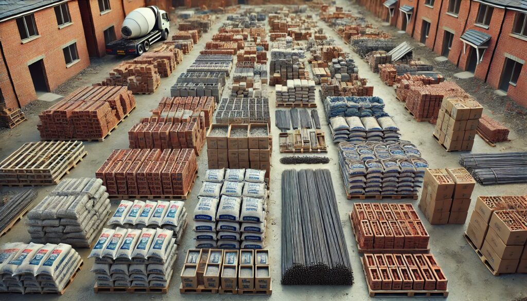 organized construction materials uk site photorealistic style