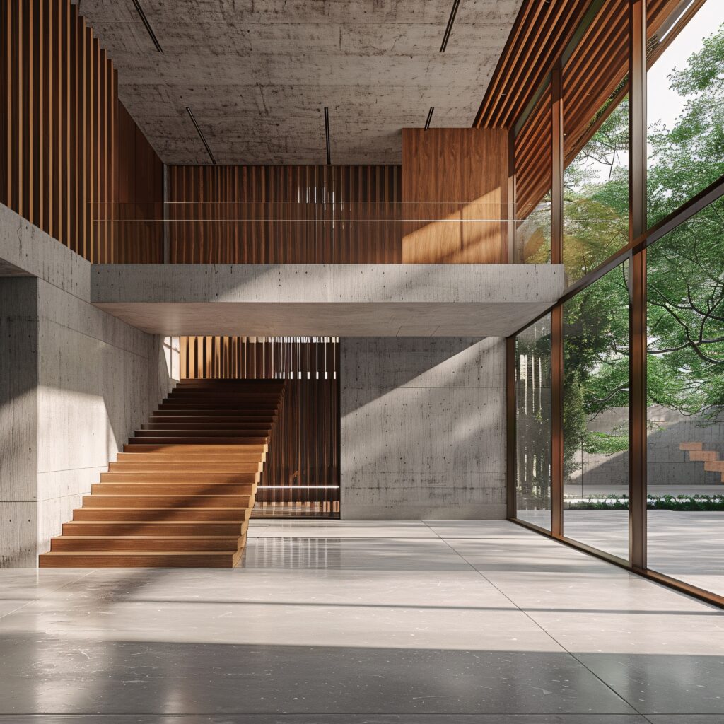 07231022 10. concrete floor, wooden paneled walls and ceiling, large grey concrete feature wall, wooden staircase, floor to ceiling windows, natural light casting shadows, empty room interior, warm