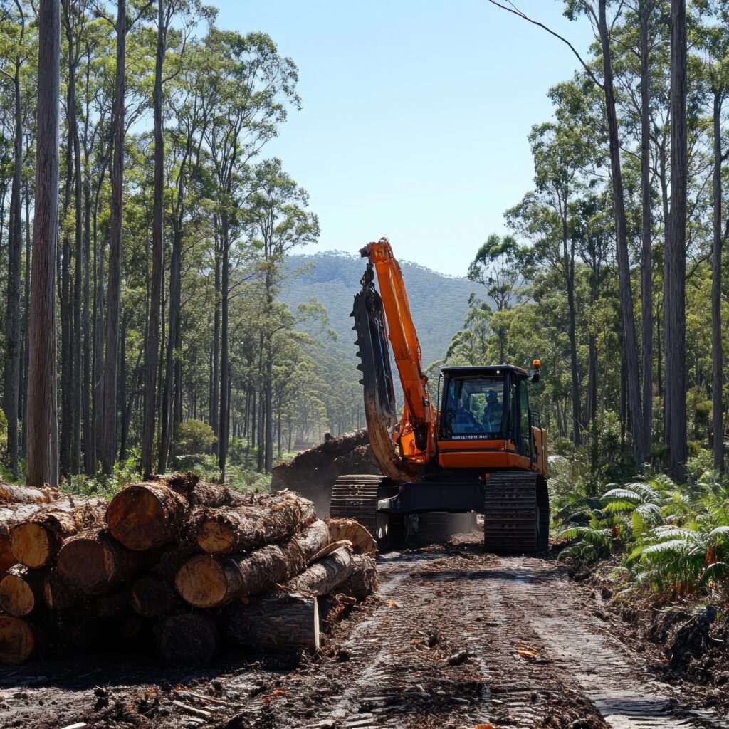 forest harvesting machine clearing path, logs piled, mountains background