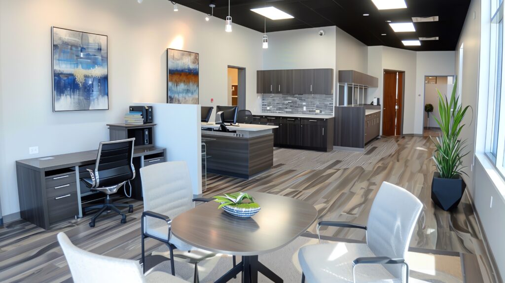 modern office space with large desk comfortable chairs stylish coffee table